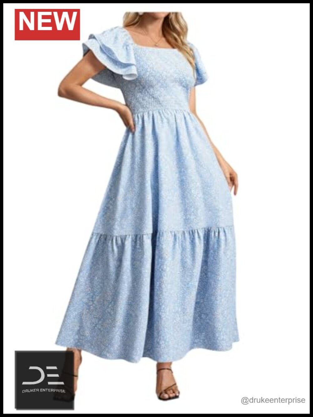 MakeMeChic Floral Layered Short Sleeve Square Neck Ruffle A Line Summer Maxi